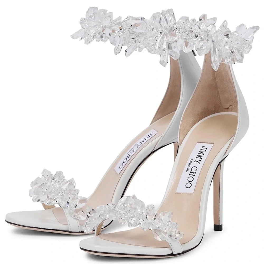 New Jimmy Choo White Maisel 100 Crystal Embellished Leather Sandals 38